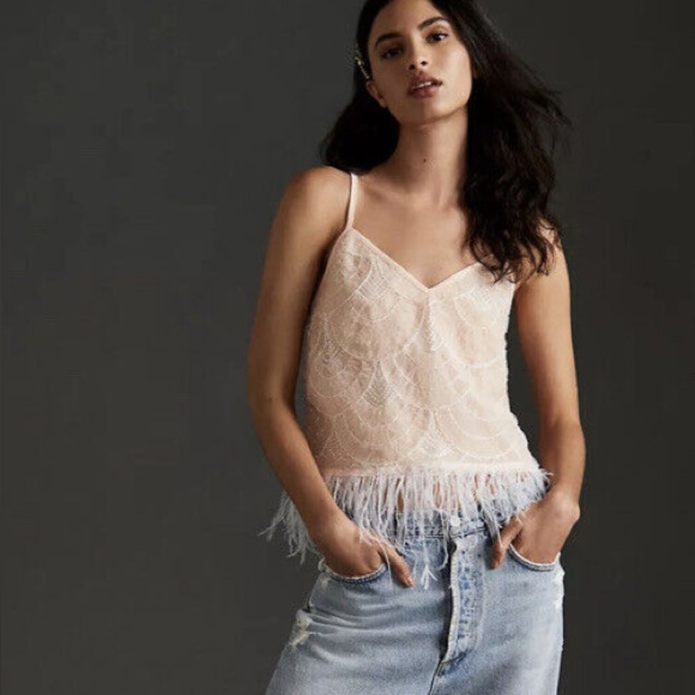 Women's Light Pink EVA FRANCO sequin feather-hem tank